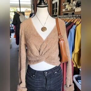 aerie Fuzzy Twist V‑Neck Sweater in Camel